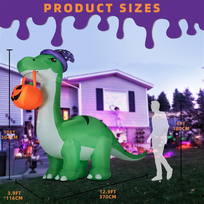 Kendane 10FT Halloween Inflatable Huge Dinosaur Decorations Outdoor, Blow Up Yard Decorations Built-in LED Lights,Halloween Party Decorations with Witch Hat and Pumpkin,for Garden/Lawn. - Image 2